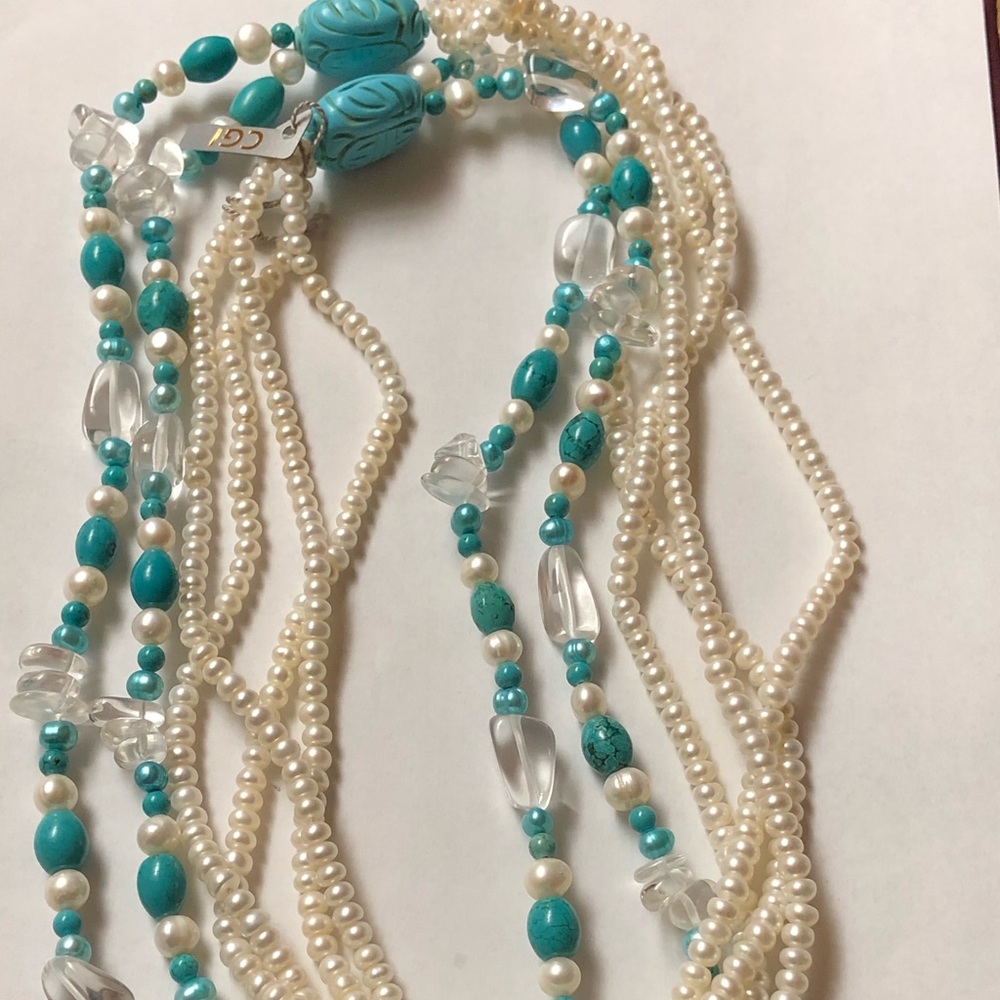 CGI Necklace Pearls, Mixed Blue & Clear Beads 42"